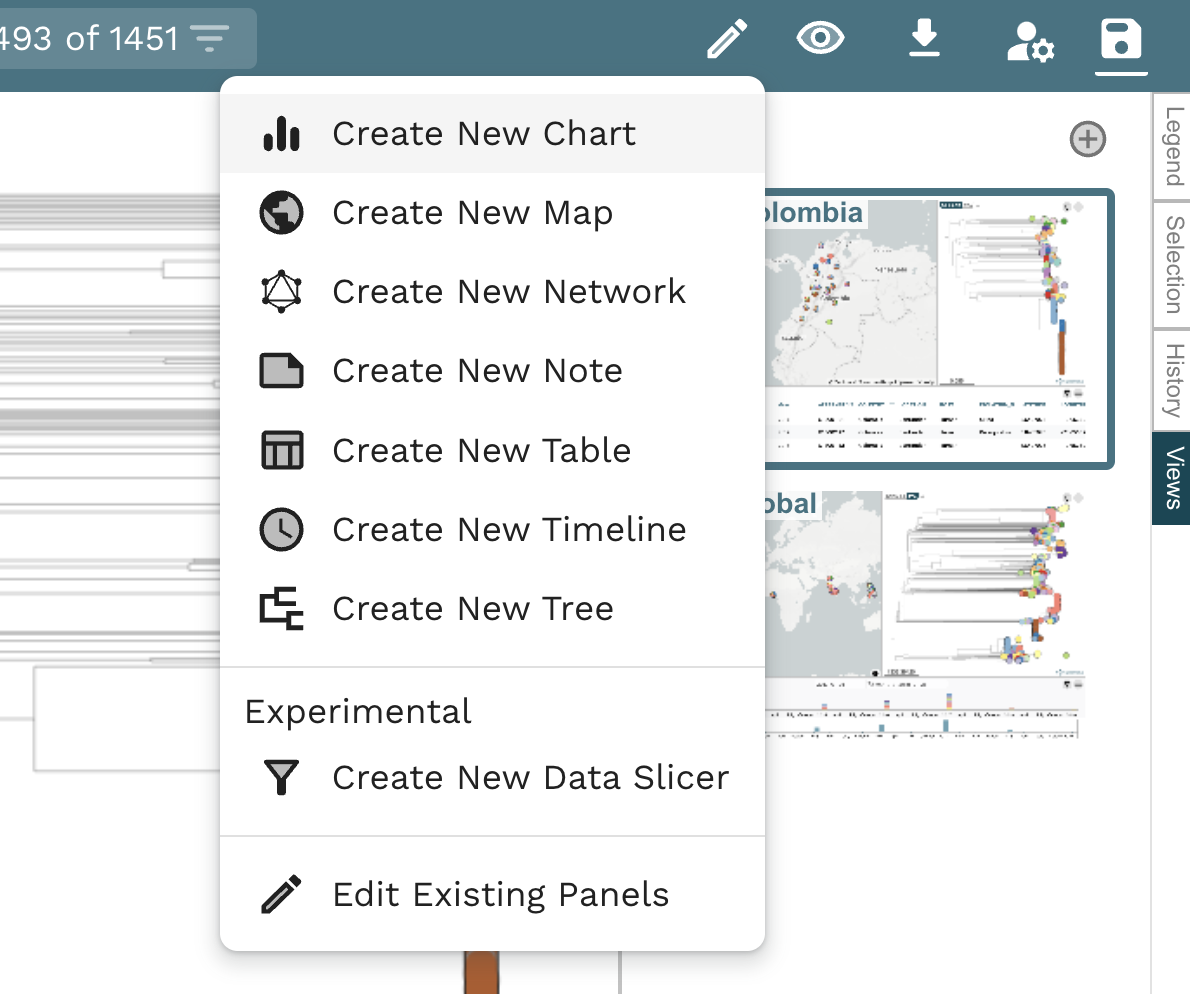 Task 2: Present WGS QC statistics in a chart. Step 1: Select the "Kpn Colombia" view. Click on the "Pen" symbol on the top right menu. Click on the "Create New Chart"