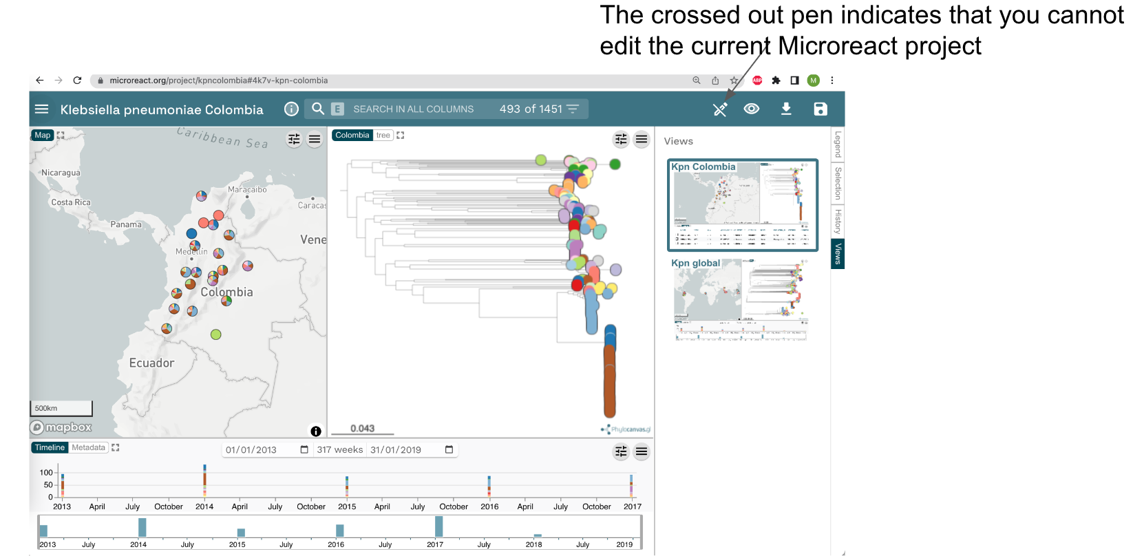 Task 1: Create an editable project. Step 1: Notice the crossed out pen on right top corner of your screen. This indicates that you cannot edit the current Microreact project.