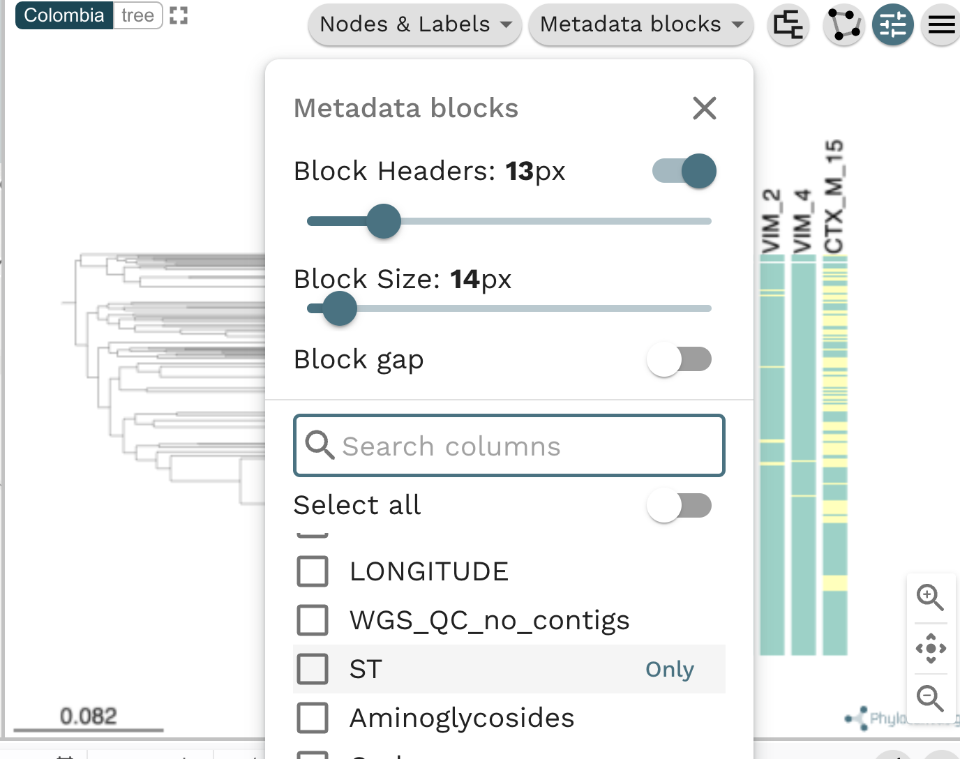 Task 5: Which STs are associated with the presence of carbapenamase genes? Step 1: Go to the "Metadata blocks" and check the ST box.