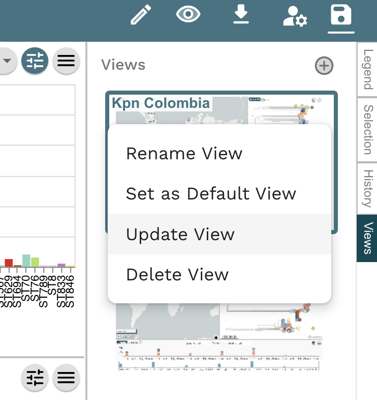 Task 3: What are the dominant STs in Colombia? Step 7: Click the "Views" panel on the left hand side, hover over "Kpn Colombia", click on the three dots on the corner of the view and hit "Update View"