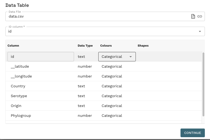 Data fields dialog